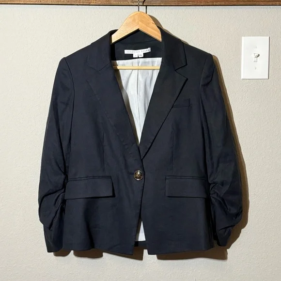 Veronica Beard Aaliyah Linen Black Dickey Blazer Jacket Ruched sleeves, Sz 8 - Picture 4 of 14